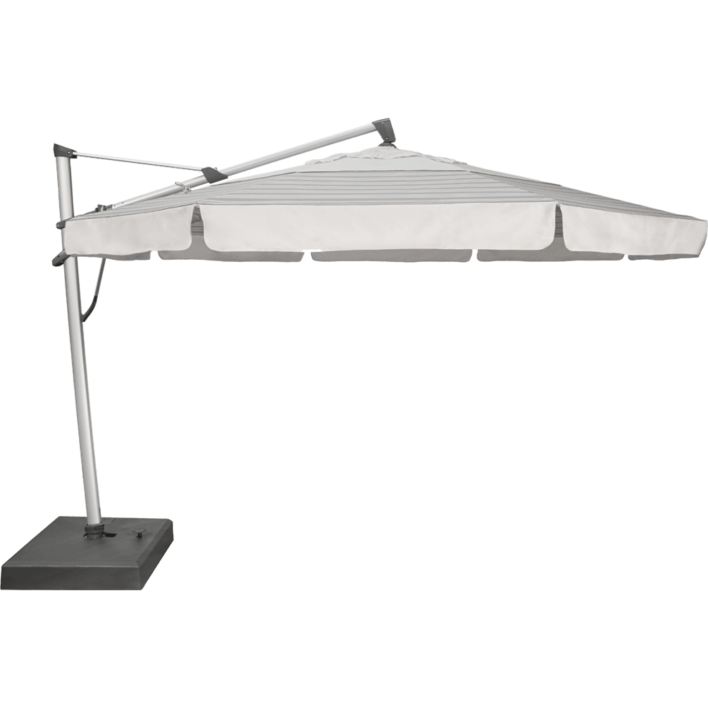 Studio side view of the AKZ Plus cantilever umbrella with a clean white canopy extended horizontally from its matte silver mast. The rectangular resin base anchors the structure, and the canopy’s fabric exhibits gentle horizontal seams for reinforcement. The umbrella’s offset design provides broad shade coverage, demonstrating its engineering precision and contemporary silhouette ideal for both residential and commercial patios.