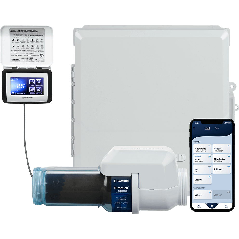 Front facing product layout of the Hayward AquaRite S325 Omni 25k Gallon System on a transparent background, showing three key components arranged left to right: an external wall mounted control panel, the closed white AquaRite enclosure behind the salt cell, and a smartphone displaying the Omni app interface. On the far left, the external control panel has its lid flipped open upward to reveal a white instruction label inside the lid, while the lower black framed screen shows a blue display with a large “85°” readout, a pool label at the top, the time along the bottom, and several square shortcut icons on the right side of the screen; a black cable drops straight down from the panel toward the salt cell. Centre frame, the white enclosure door is closed and fills most of the background, with hinge detail on the left edge and faint embossed branding across the mid lower area. Across the lower foreground, the TurboCell S325 sits horizontally with the clear blue union on the left, transparent housing and dark internal plates in the middle, and the white head and threaded connector on the right; its dark blue label band faces forward. On the right side, a smartphone stands upright in front of the enclosure, and its screen shows the Omni control dashboard with tabs for Pool and Spa at the top and a grid of control tiles below, including Filter Pump, Heater, Lights, Chlorinator, pH, Cleaner, and Water Features such as Bubbler and Laminar, each with small on off indicators and status text.