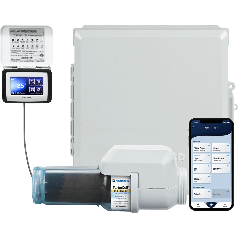 Front-facing composite view of the Hayward AquaRite S340 Omni 40k Gallon System including the main white enclosure with colour LCD display, the included Hayward TurboCell S340 40,000 Gallons clear salt cell positioned horizontally in front, and the external wall-mounted touchscreen control panel shown open. The LCD display on the main enclosure shows a blue geometric Hayward interface screen. The TurboCell S340 clear salt cell displays its white housing and translucent ribbed chamber with visible internal plates. The control panel screen displays pool status information and icons for automation control. The entire system is presented on a transparent background for seamless website integration.