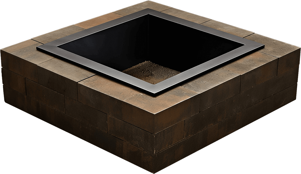 Angled studio image of the Caliber Stone Fire Pit on a transparent background. The square fire pit is built from smooth, untumbled concrete blocks in a blend of charcoal grey and warm brown tones with a fine matte surface. A sleek black steel insert lines the inner rim, creating a sharp contrast with the stone. The modern design and clean geometry give it a refined, minimalist appearance. Stylish and ultra modern, add this sleek fire pit to your home for a striking outdoor centrepiece.