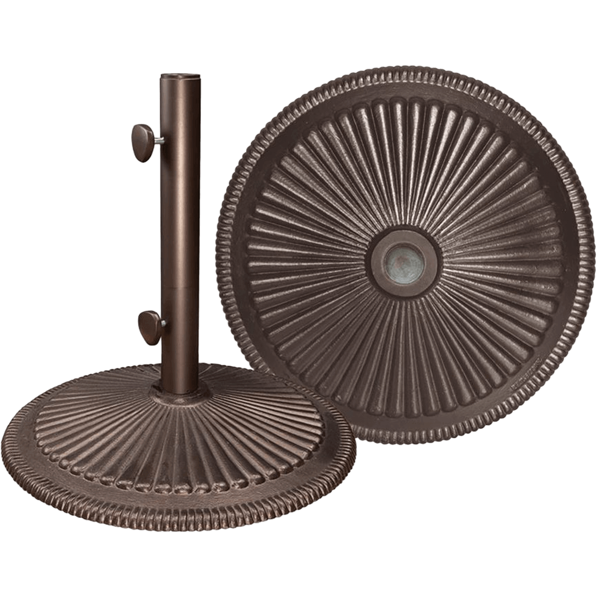 Two bronze Classic Cast Iron Bases shown side by side. One stands upright with a vertical umbrella pole mount featuring two adjustable locking knobs, while the other lies flat to display the full circular ribbed pattern. The deep bronze colour accentuates the cast iron’s texture, radiating outward from a central hole. This design combines classic ornamentation with practical weight and stability for anchoring outdoor umbrellas securely.