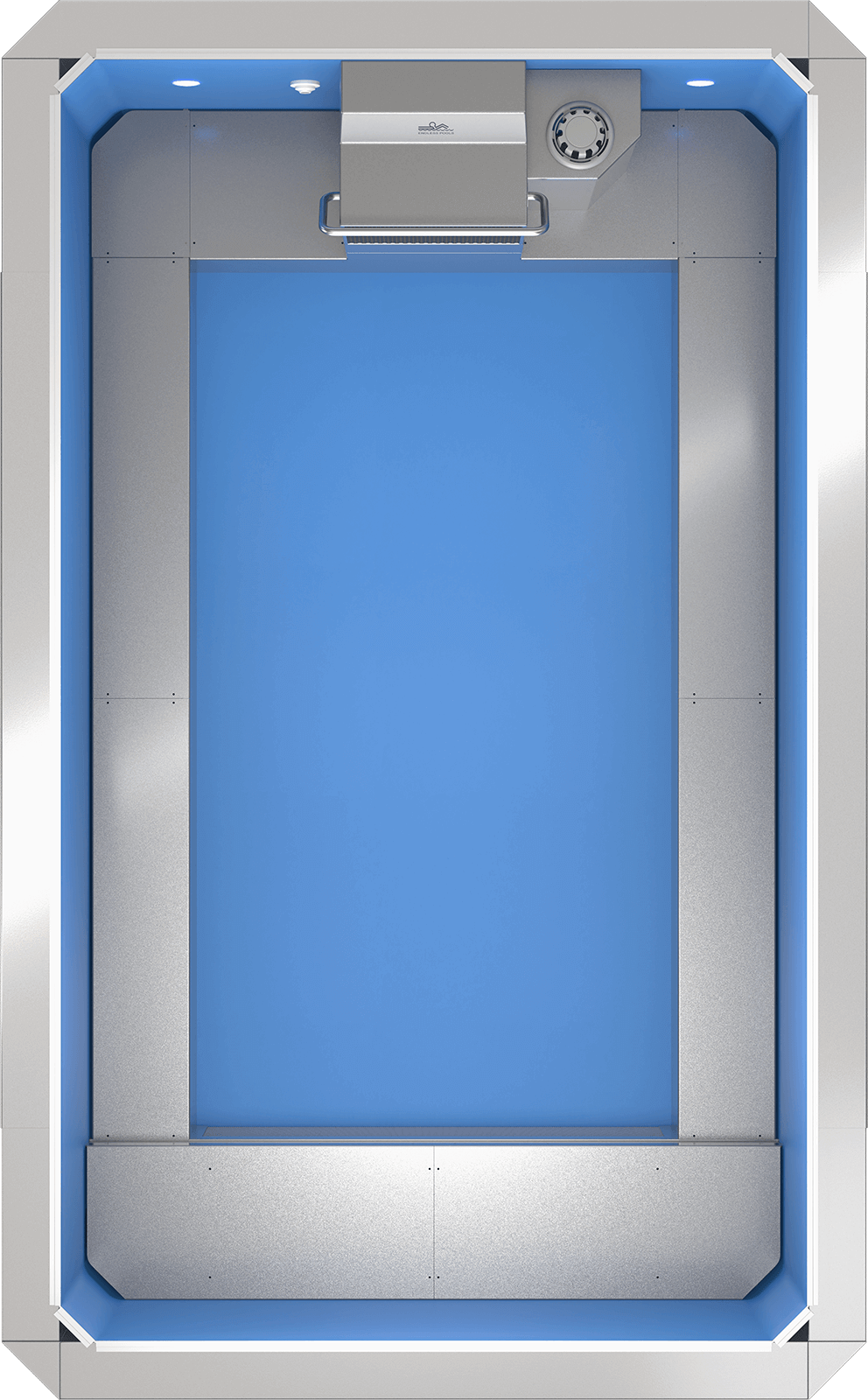 Top-down view of the Endless Pools EP207 Modular Pool, clearly displaying the bright blue swim area surrounded by smooth silver-grey coping and interior panels. At the top end, the Hydrodrive™ propulsion system is centrally positioned with a stainless steel grille, adjacent to a round adjustable water outlet, and flanked by two recessed LED lights for illuminated swimming. The opposite end provides an uninterrupted swim lane for training.