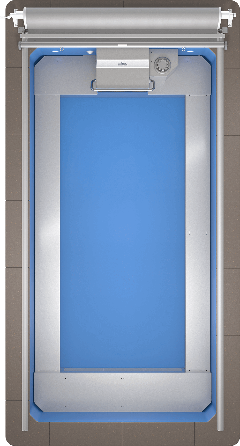 Overhead perspective of the EP407 Plus pool revealing the entire blue swim area surrounded by silver decking ledges. At the propulsion end, the Hydrodrive Plus unit is centrally positioned with an accessible grab bar, large circular flow control dial, and two recessed LED lights in the corners. The opposite end has a spacious entry area for open swimming and aquatic exercise.