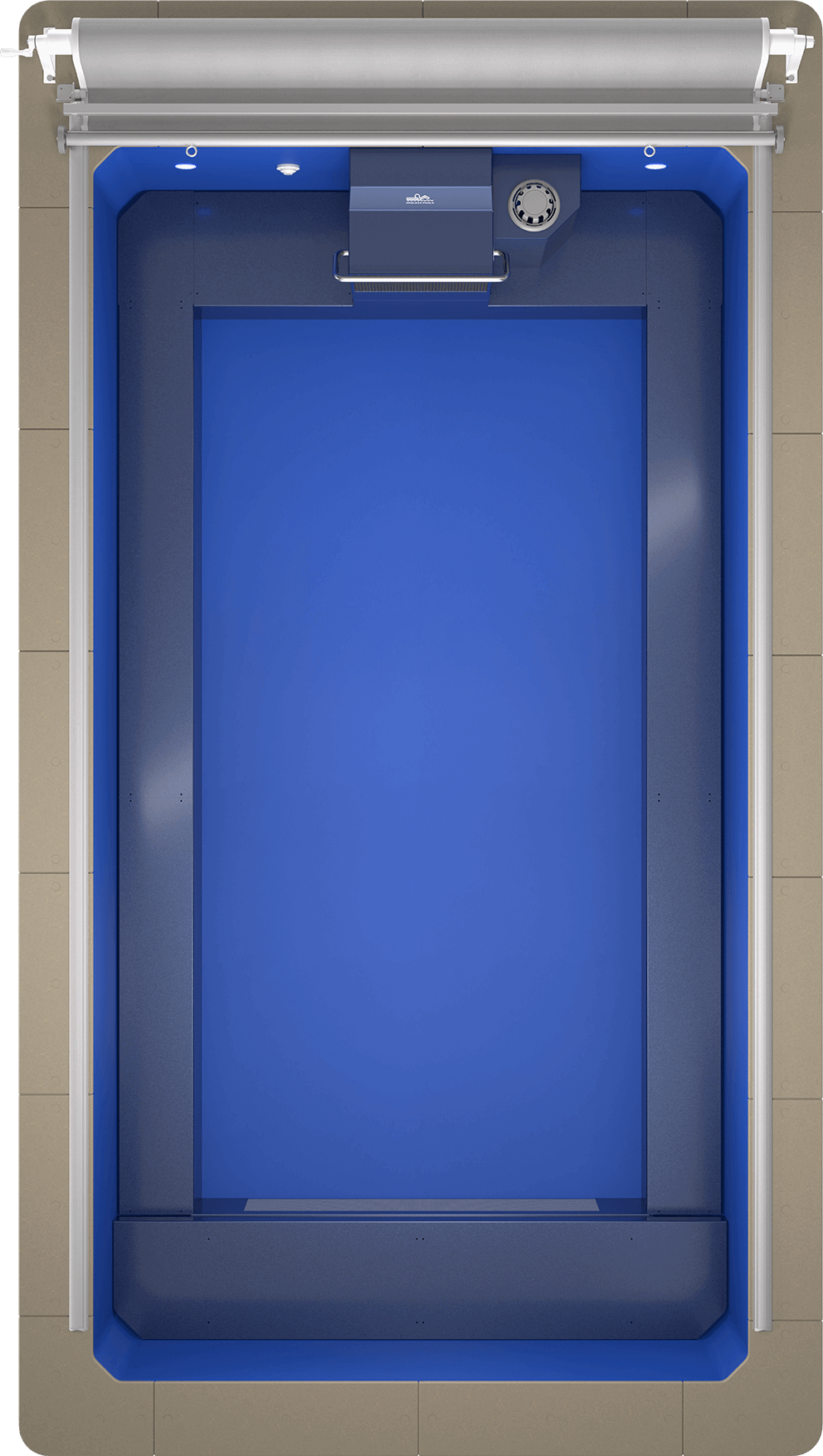 Top-down view of the Endless Pools EP508 modular pool, showing the bright blue interior with spacious rectangular swim area, integrated bench seating along both sides, and the centrally placed Hydrodrive™ propulsion system at one short end. A circular water intake is visible beside the propulsion unit, with the retractable silver pool cover roller spanning the width of the pool.