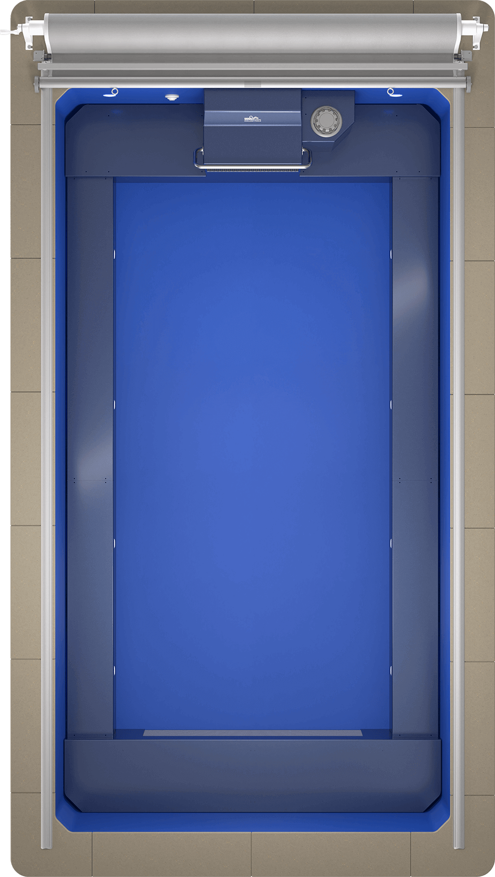 Direct overhead top-down view of the Endless Pools EP508 Plus Modular Pool, showcasing the full rectangular swim lane in bright blue, bordered by light-stone coping. The Hydrodrive Plus propulsion unit with a stainless-steel grille is centrally located at one short end, with an underwater bench along the opposite short end. The integrated roller mechanism for the cover is positioned above the propulsion unit.