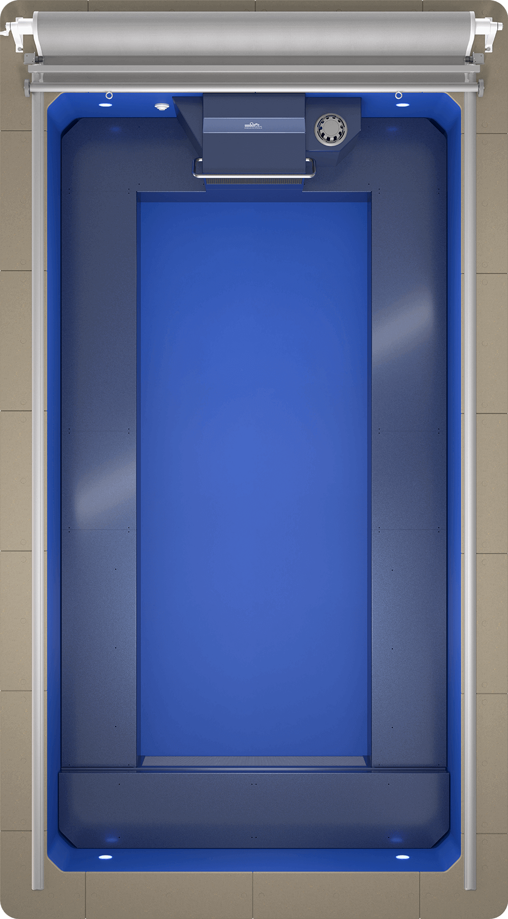 Overhead, fully detailed view of the Endless Pools EP508 Pro Modular Pool with no water. The interior shell is a bold, smooth blue with precisely moulded edges. At the top end, the Hydrodrive™ Pro swim current system is centred, featuring a wide intake grille flanked by a circular water return jet on the right and a control dial on the left. Flush-mounted LED lights are positioned symmetrically in each of the four corners, embedded into the vertical walls. The swim area is a large, uninterrupted central rectangle, bordered by narrow perimeter benches that run along both sides and the bottom end for resting or entry. The retractable cover roller assembly spans the entire top end outside the coping.