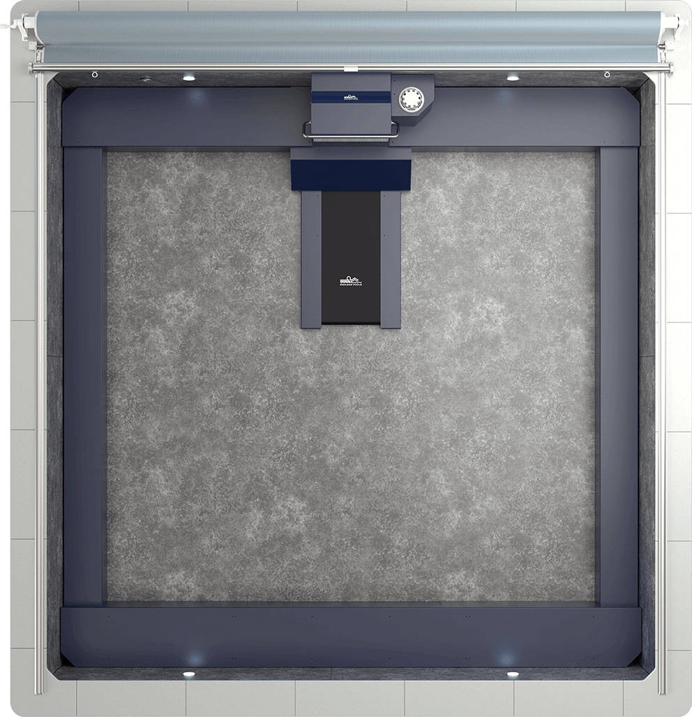 Top-down view of the Endless Pools EP515 Plus Modular Pool, highlighting the perfectly square 15-foot by 15-foot swim area. The interior shows light grey marbled wall and floor finishes, a wide deep blue perimeter bench seat, and the central swim current housing with a grey faceplate and control dial at the top wall. LED underwater lights are installed at each corner, evenly illuminating the pool.