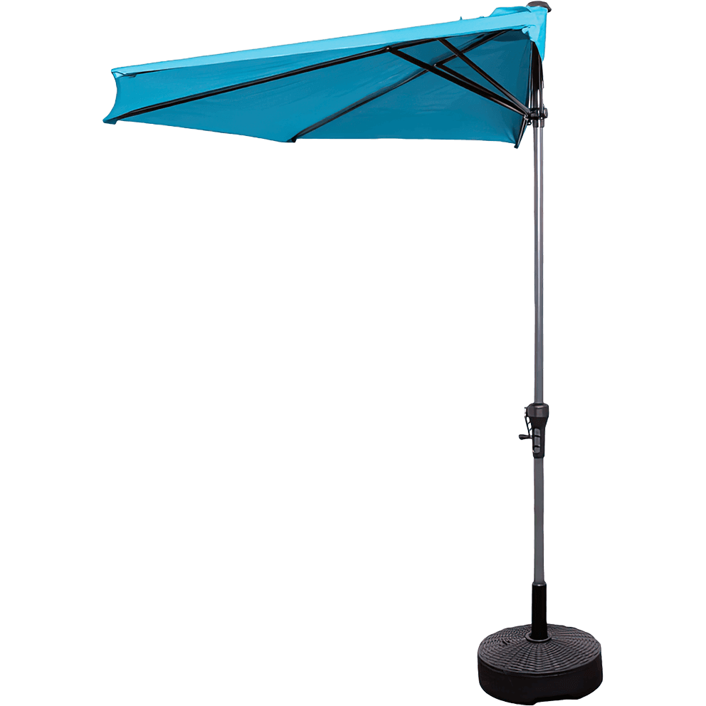 A front view of the Half Wall Market Umbrella with a bright ocean teal half-canopy supported by sleek black ribs that fan outward from the upper hub. The fabric forms a clean angled shape suited for placement against a wall. The pole is a smooth dark aluminum finish with a crank handle mounted on the right side. A round black weighted base anchors the structure. The image is isolated on a transparent background.