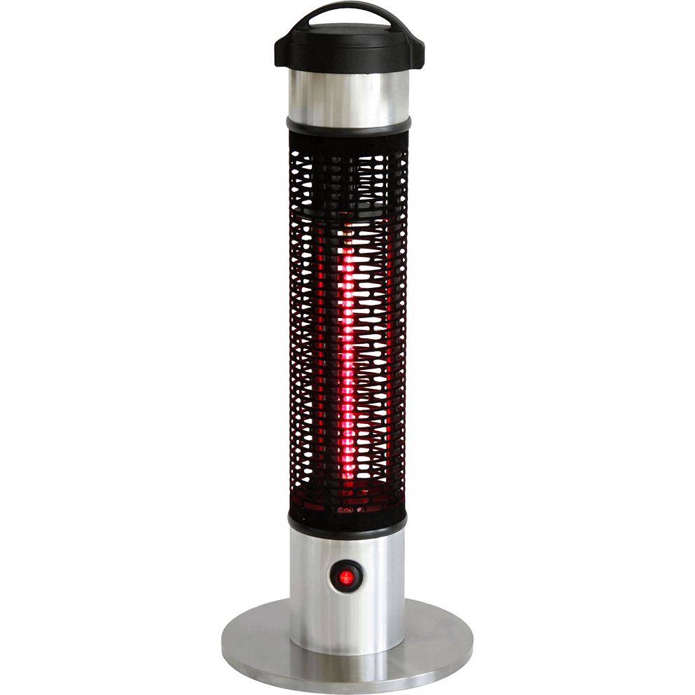 A front facing studio view of the HEA21212 Portable Heater standing on a circular stainless steel base. The heater has a cylindrical design with a black upper cap and a smooth silver metal midsection transitioning into a tall black perforated grille. A vivid red vertical infrared heating element glows through the grille. The round metal base is flat and wide for stability. The heater’s compact height and slim profile make it suitable for placing under tables or in tight outdoor or indoor spaces.