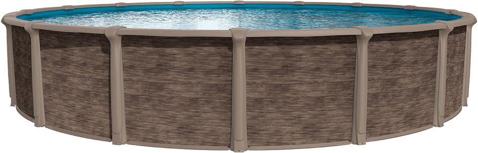 Imperia above ground pool with brown wood-look walls, taupe sculpted uprights, and blue water on a transparent background.