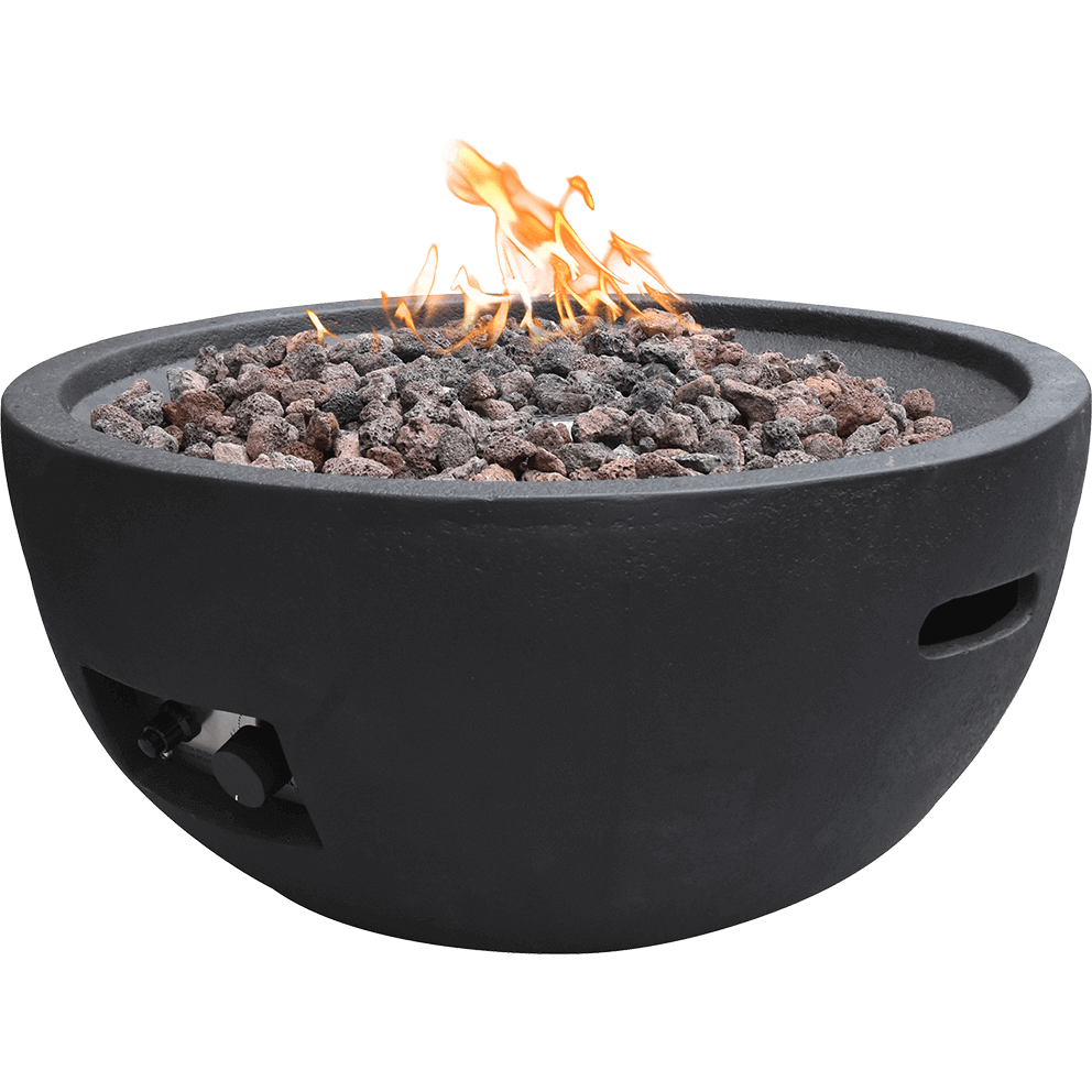 Front angled product view of the Jefferson Fire Bowl with flames burning above a full bed of lava rocks. The smooth black round bowl, recessed side handles, textured finish, and the bright flame pattern rising from the burner system are clearly displayed, representing the unit as used with either LP or NG fuel.