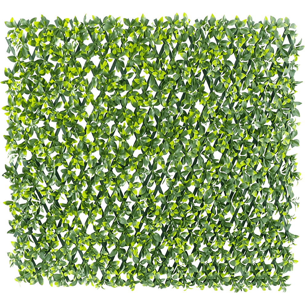 A single rectangular privacy panel shown straight on with no background. The panel is covered entirely in dense artificial foliage made up of small variegated green leaves tightly connected across a grid. The leaves layer over one another to create complete visual coverage, with subtle differences in tone giving the panel a natural and textured appearance. The open lattice backing is faintly visible behind the foliage pattern.