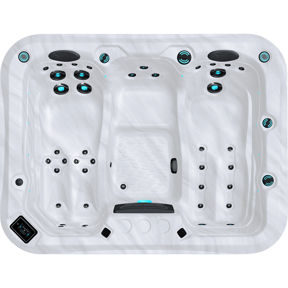 Direct overhead top view of the Maple Spas M350 3-Person Hot Tub presented against a transparent background, clearly revealing the compact dual-lounge configuration. Two full-length ergonomic lounge seats run parallel along the left and right sides of the shell, each equipped with grouped upper back jets, mid-back jets, and aligned thigh and calf jets for full hydromassage coverage. At the top centre is the upright third seat with a cluster of circular back jets beneath a dark grey headrest. The central footwell is open and rectangular with textured floor detailing for grip. A floor-mounted jet is positioned near the centre of the footwell for targeted lower-body massage. Blue LED jet lighting and perimeter waterline illumination are distributed evenly around the shell. The digital control panel is visible at the lower left rim from this overhead perspective within a black rectangular bezel. Diverter controls and air valves are integrated along the lower interior edge near the front centre. The overall layout emphasises efficient use of compact space, parallel lounge comfort, balanced hydrotherapy distribution, and energy-efficient relaxation design.