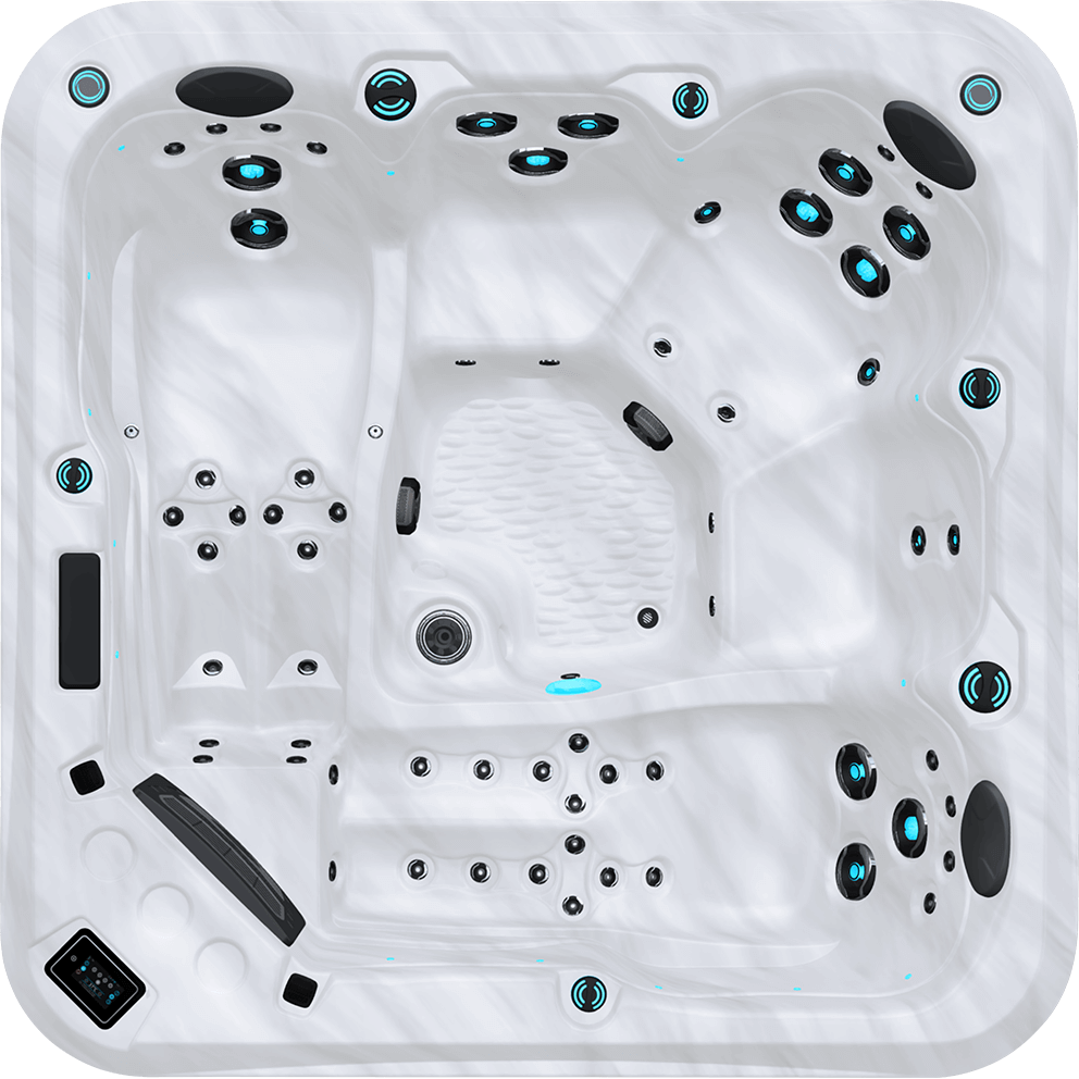 Direct overhead top view of the Maple Spas M550 5-Person Hot Tub presented against a transparent background, clearly displaying the dual full-length lounge configuration. One lounge runs vertically along the left side of the shell and the second lounge mirrors it along the right side, each fitted with aligned upper back, mid-back, thigh, and calf jets. At the upper centre of the layout is an upright therapy seat with a cluster of larger back jets positioned beneath a dark grey headrest. The central footwell is open and spacious, featuring a prominent Volcano Jet located near the centre of the floor for deep foot and lower body massage. Additional smaller floor jets and intake fittings are positioned around the footwell perimeter. Blue LED jet illumination and waterline lighting trace the interior edge of the shell. The digital control panel is visible at the lower left rim from this perspective within a black rectangular bezel. Diverter controls and air valves are integrated along the lower edge and side walls. The overall layout emphasises balanced dual-lounge comfort, targeted hydrotherapy distribution, ergonomic seating depth, and energy-efficient design.