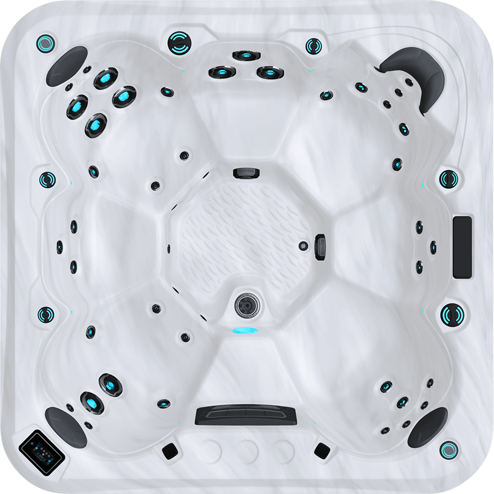 Direct overhead top view of the Maple Spas M750 7-Person Hot Tub presented against a transparent background, clearly displaying the full seating configuration and jet layout. Seven distinct seating zones surround a spacious central footwell. The advanced Volcano Jet is positioned at the centre of the floor, identifiable as a larger circular jet designed for deep foot and lower body massage. Surrounding seats include grouped upper back jets, mid-back jets, and lower lumbar jets arranged symmetrically for balanced hydrotherapy coverage. A seat on the upper left quadrant features a concentrated cluster of larger therapy jets, while the upper centre seat contains vertically aligned back jets beneath a dark grey headrest. Additional headrests appear at multiple perimeter seats. Blue LED jet illumination and waterline lighting are evenly distributed around the shell. The digital control panel is visible at the lower left rim from this perspective, set within a black rectangular bezel. Diverter controls and air valves are integrated into the inner walls near the lower centre edge. The layout emphasises ergonomic seating depth, adjustable jet placement, and energy-efficient hydrotherapy design.
