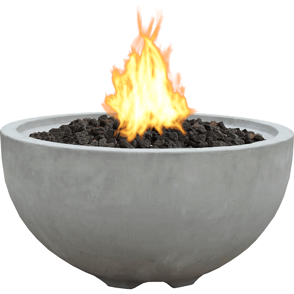 A clean product-only image of the Nantucket Fire Bowl isolated against a white background. The bowl has a smooth light grey concrete finish with a gently rounded exterior and a wide circular opening. A bright central flame rises from a deep bed of reddish brown and charcoal coloured lava rocks. The upper rim is uniformly thick and slightly rounded, forming an even border around the fire chamber. Subtle texturing across the concrete surface highlights the handcrafted construction. The bowl sits on several small rounded feet that provide ground clearance. This illustration clearly presents the fire bowl’s shape, surface texture, flame behaviour and fuel media for both LP and NG versions.