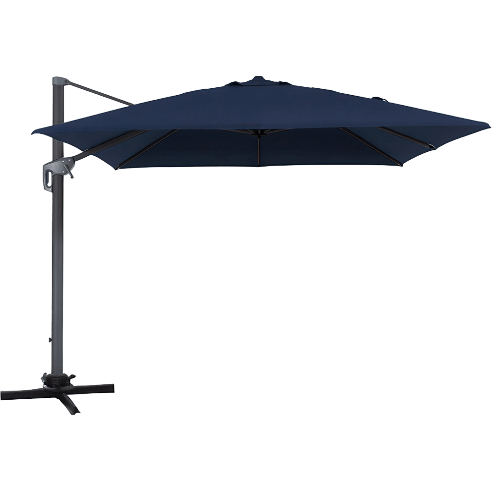 Front profile view of the Offset Suspension Umbrella fully opened, showcasing the symmetrical square canopy in deep navy blue. The aluminium cantilever arm and side pole hold the canopy away from the centre, supported by a cross-shaped base for balance. The clean lines and even canopy tension emphasise its modern design and spacious coverage ideal for garden lounging or dining.