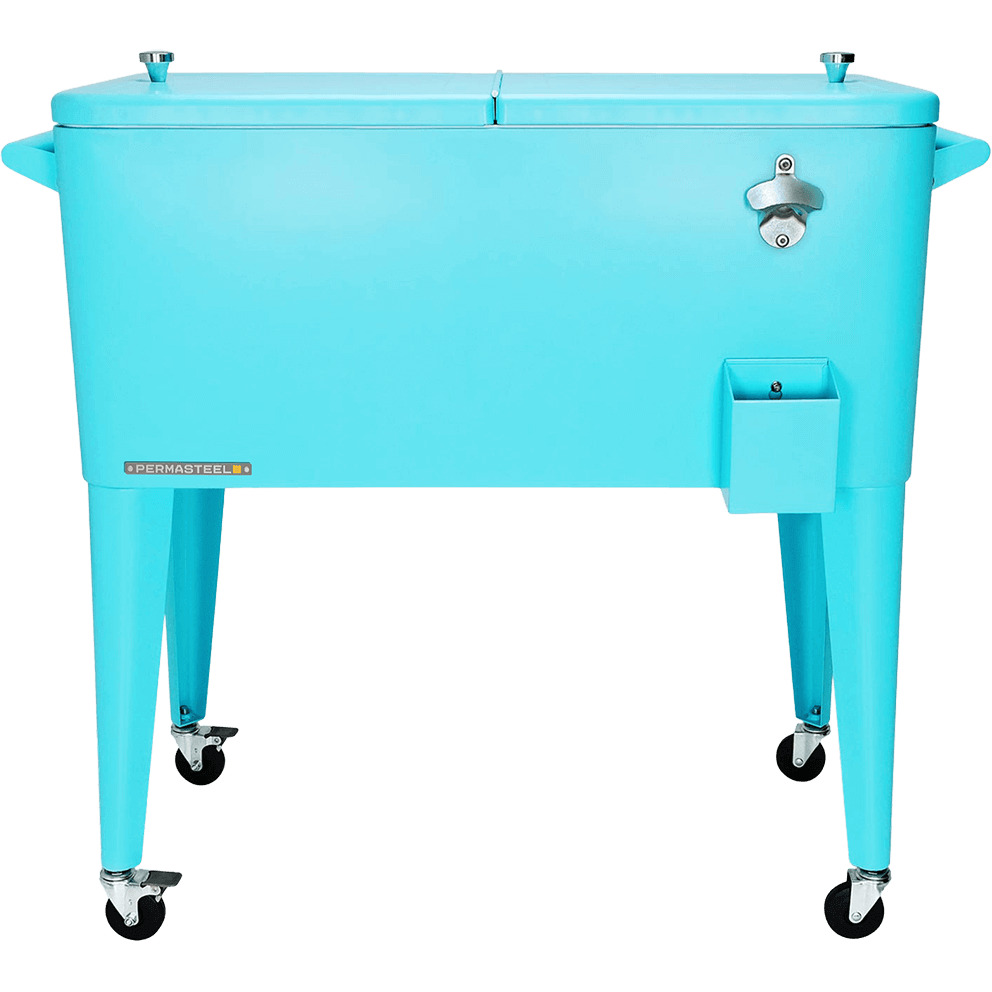 Direct front view of the Permasteel 80-quart cooler on wheels in a striking turquoise finish. The rectangular body features a dual-lid top, a chrome bottle opener, and a matching square cap catcher tray on the right side. A small Permasteel logo badge is visible on the front left leg. The cooler stands on four tapered legs with locking caster wheels, combining durability, retro appeal, and effortless functionality.