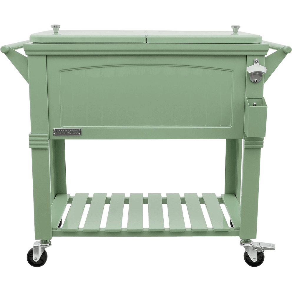 Front view of the Permasteel 80qt Furniture Style Cooler in sage green with a gently embossed panel design. The cooler includes a dual-lid top with small chrome handles, a side-mounted bottle opener with a matching cap catcher, and an open slatted shelf below for added storage. The finish is soft matte with subtle sheen, giving it a timeless look that blends vintage charm with contemporary outdoor style.