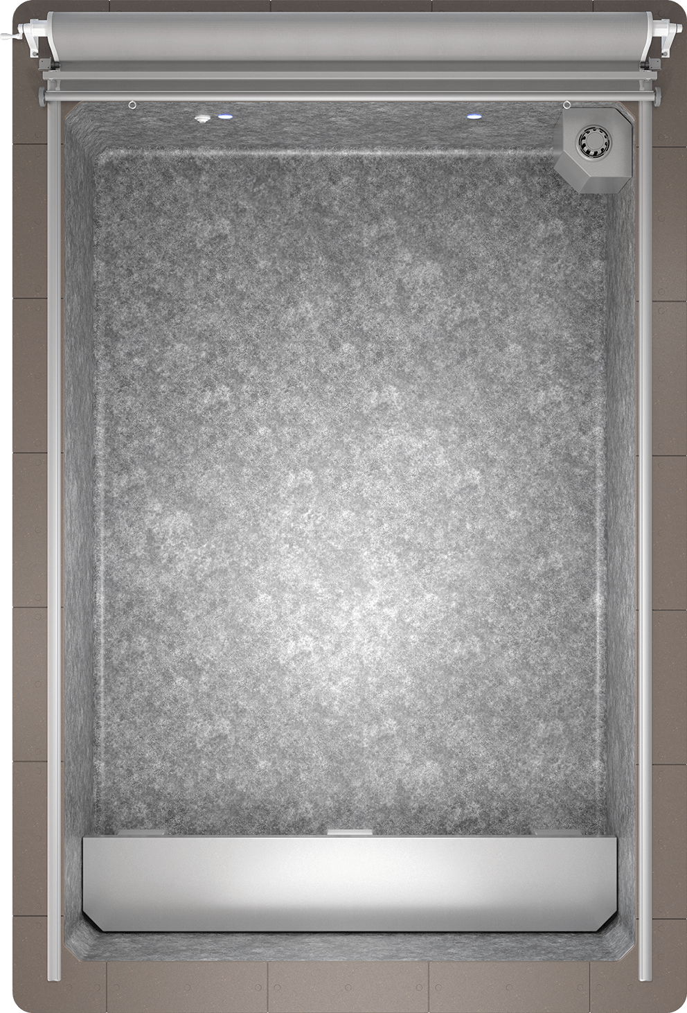 Top-down view of the Endless Pools Plunge Max Therapy Pool, revealing the full rectangular shape and interior layout. The grey retractable safety cover housing spans the top edge, with two round recessed LED lights in the coping just below it on the left side. The propulsion housing is mounted on the far wall at the upper right corner, featuring a circular water intake grille. The pool interior has a uniform light grey speckled texture. Along the bottom edge is a long, continuous seating ledge in a smooth silver finish. The coping frames the pool evenly on all four sides, bordered externally by light brown modular decking tiles.