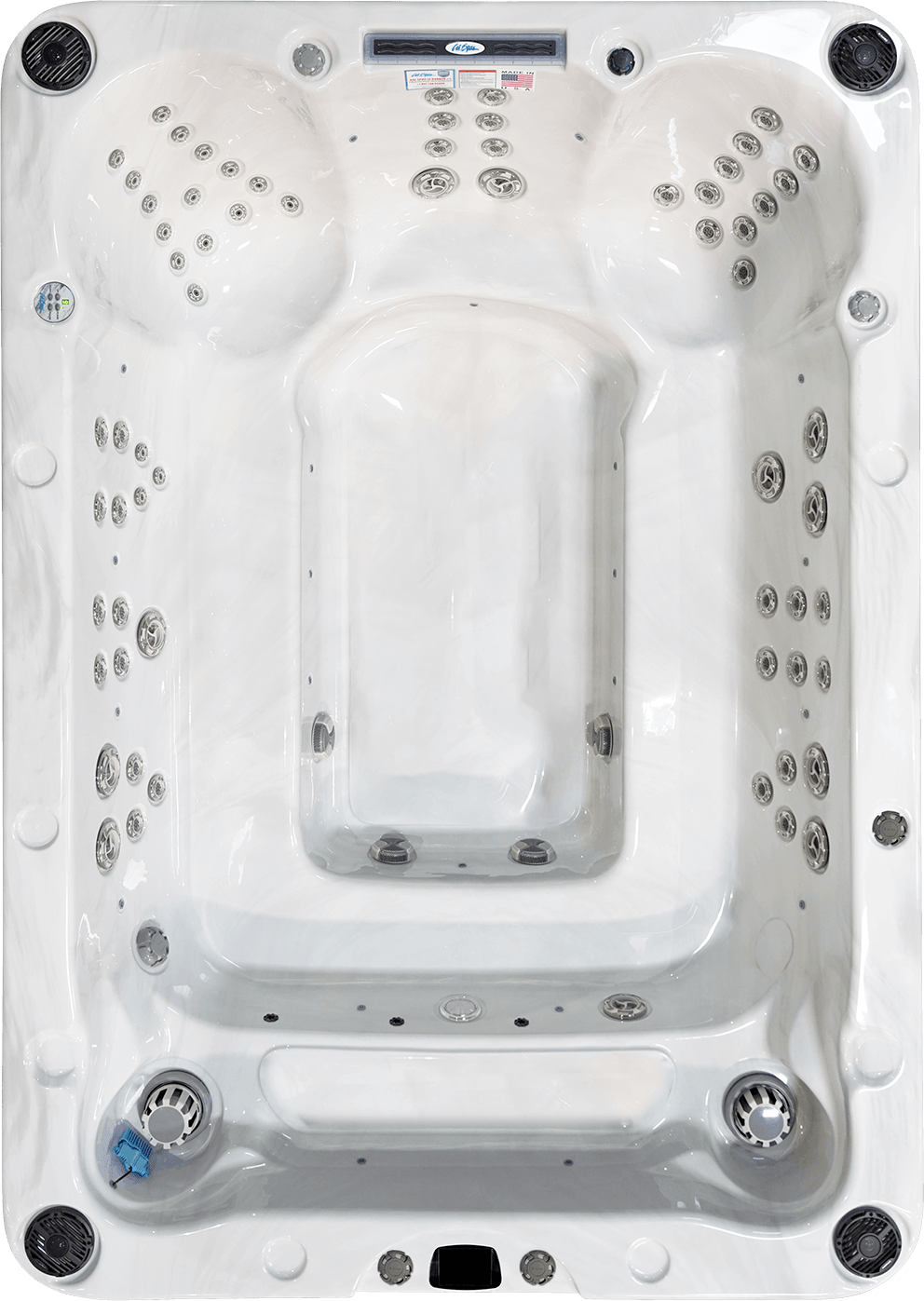 Top-down view of the Cal Spas El Grande EC-1166EX Hot Tub shown on a transparent background, revealing a large rectangular interior designed for open, multi-user seating with a central recessed footwell. The glossy white acrylic shell features continuous perimeter bench seating wrapping around all four sides, allowing flexible positioning for multiple bathers. At the top centre wall, a horizontal control and display panel is встроed into a raised housing, with a small rectangular label and indicator markings positioned just below it. Directly beneath this panel, a vertical cluster of stainless steel hydrotherapy jets is arranged in a symmetrical pattern targeting the upper back and spine area. On both the left and right interior walls, dense arrays of stainless steel jets are distributed across multiple seating zones, including upper back, mid-back, and hip-level placements, forming mirrored massage stations on either side. Additional jet groupings are positioned along the lower left and lower right seating areas, creating full-body hydrotherapy coverage around the entire perimeter. The central footwell is recessed and smooth, with two circular suction fittings visible near the lower edge of the footwell floor. Along the bottom interior wall, a wide step entry ledge spans horizontally, providing a stable access point into the spa. Integrated into this lower section are multiple fittings including a central light or drain fitting and additional jet or suction components spaced evenly across the ledge. Large circular intake or filter housings are positioned in the lower left and lower right corners, each recessed into rounded compartments. A small blue floating component or accessory is visible near the lower left intake housing. At the upper left rim, a circular control dial or air control valve is embedded into the shell, while additional round fittings and controls are positioned along the right rim. The overall layout emphasises the El Grande EC-1166EX’s party-ready design, with expansive bench seating, evenly distributed jet zones for rotating hydrotherapy positions, integrated lighting along the perimeter, and built-in controls for WiFi connectivity and the Freedom Sound System.