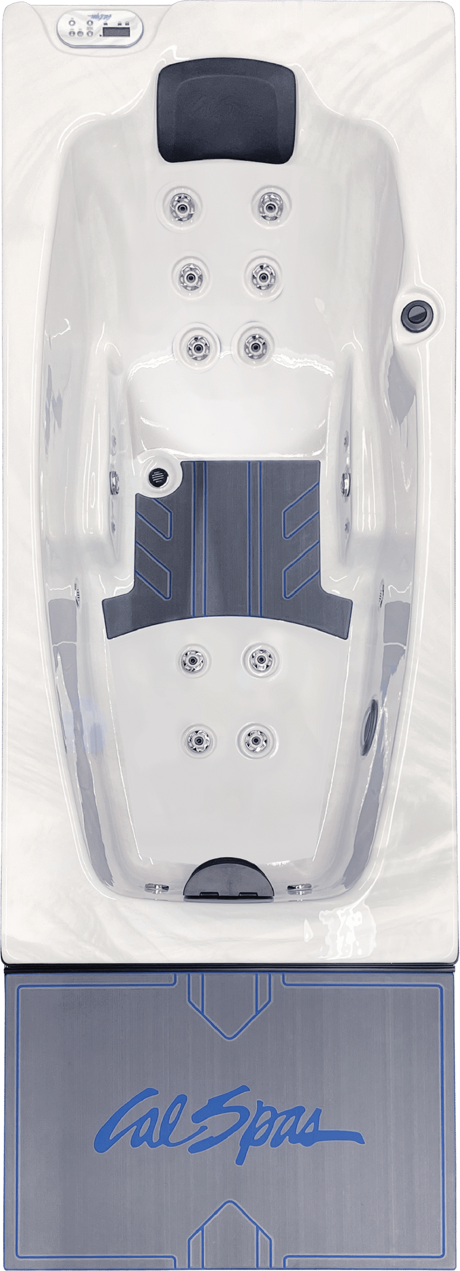 Direct overhead top view of the Cal Spas Escape EC-CHILL Cold Plunge shown isolated on a transparent background, featuring a narrow single-person plunge layout with a glossy white marble-effect acrylic shell. At the top end of the tub is a contoured upright backrest with a dark charcoal padded headrest positioned centrally. Below the headrest, six circular stainless steel hydrotherapy jets are arranged in two vertical columns along the upper back and mid-back area. The central seating area transitions into a slightly recessed footwell with a textured Cal Grip floor insert in dark grey, accented by angular blue line detailing for enhanced traction and stability. A small circular suction or intake fitting is located to the left side of the floor insert, while additional jet fittings are positioned lower along the leg and calf zone, bringing the total visible jet count to ten. Along the upper left rim, a compact digital control panel is embedded into a rounded rectangular housing for adjusting temperature and settings. On the right interior wall, a circular air control valve is visible for regulating jet pressure. At the bottom end of the tub, a curved step or entry contour is integrated into the shell for easier access. Beneath the tub, a separate rectangular panel displays the “Cal Spas” logo in bold blue script centred on a brushed grey surface with angular blue accents. The overall design highlights the EC-CHILL’s focused single-user hydrotherapy configuration, slip-resistant footing, and dual temperature capability for both cold plunge recovery and heated relaxation.