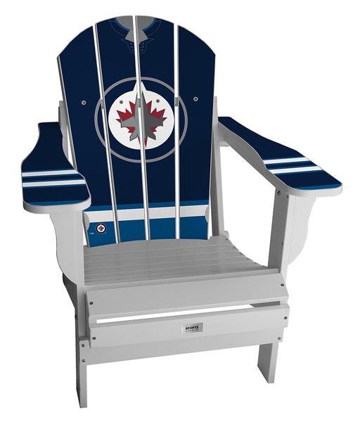 Adirondack-style Winnipeg Jets Jersey Chair from Crown Spas & Pools’ Jersey Chairs collection with a bright white frame. The tall slatted backrest is finished with a navy jersey graphic and features the Jets’ iconic crest in the centre. White armrests display navy striping to complete the authentic home jersey-inspired look.