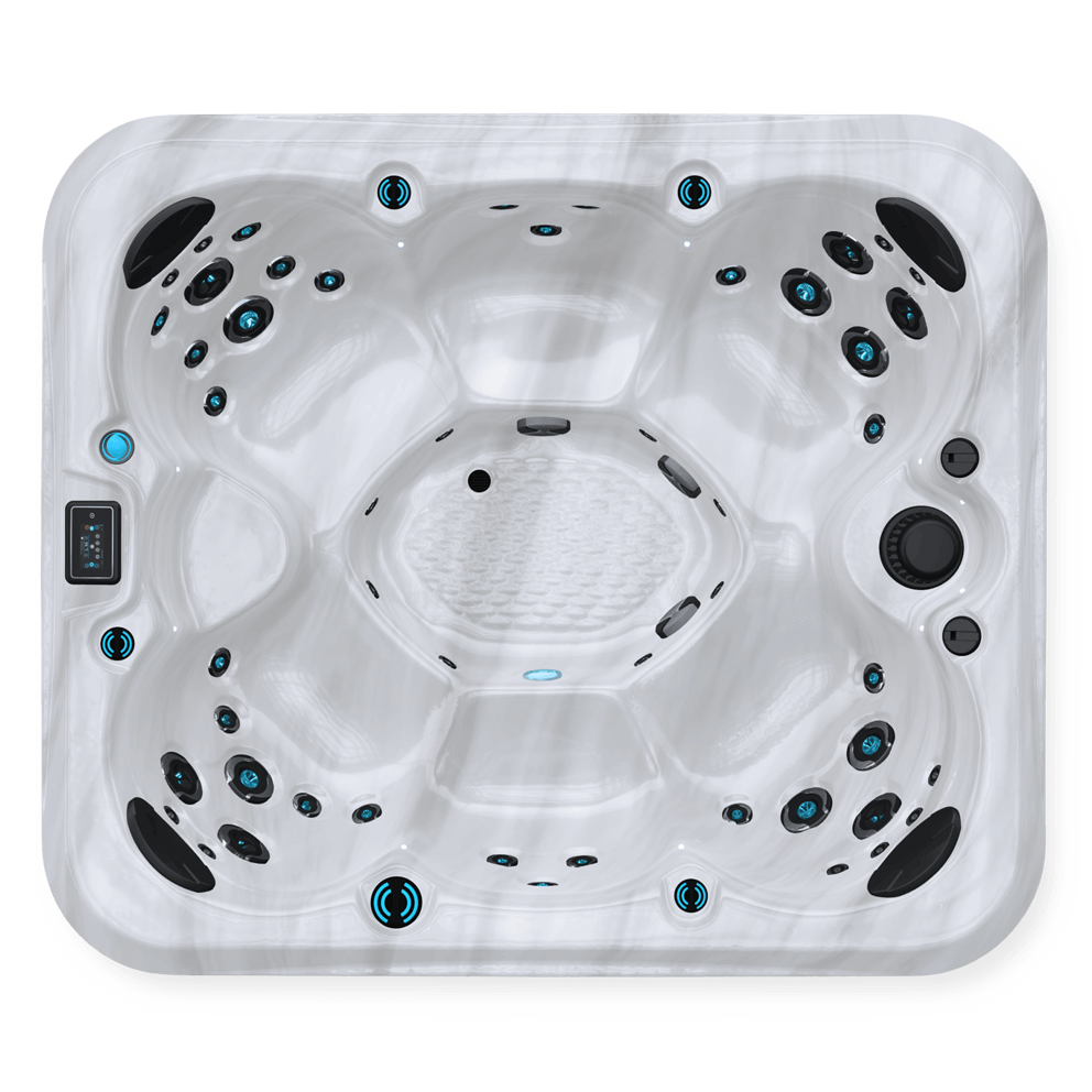 Top-down view of a spacious sterling marble-pattern Maple Spas M420 compact 7-person hot tub featuring multiple seating areas, each equipped with a variety of hydrotherapy jets. The design includes a central footwell with textured flooring, a digital control panel on the left side, and integrated speakers and lighting accents throughout the tub for enhanced comfort and ambiance.