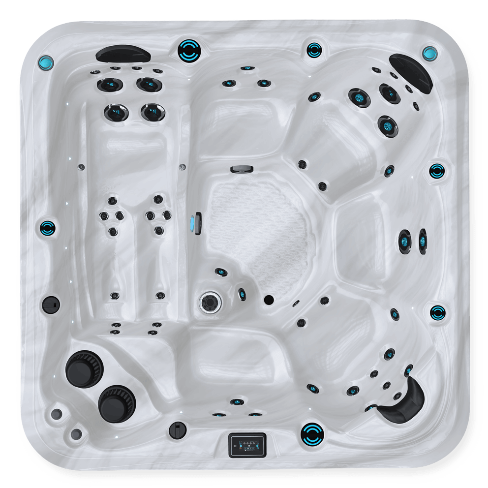 Top-down view of a Maple Spas M620 6-person hot tub showcasing its sterling white marbled acrylic interior with multiple contoured seats, a reclined lounge seat, numerous strategically placed hydrotherapy jets, headrests, a footwell, digital control panel, and filtration features for a luxurious spa experience.