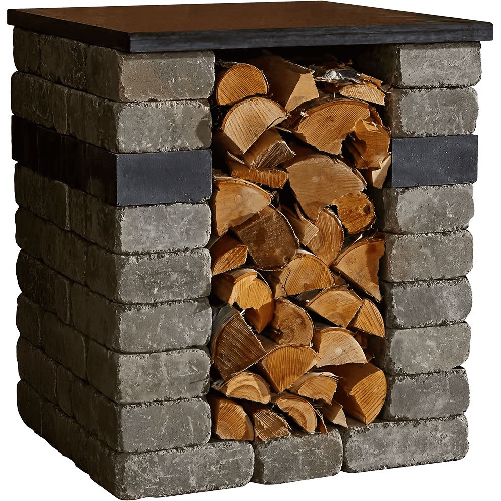 Angled view of the Quarry Stone Storage Unit showing a neatly stacked pile of split firewood within its central open cavity. The structure is built from light grey and taupe textured concrete blocks accented by a horizontal charcoal-coloured stone band. A smooth polished countertop rests on top, blending rustic craftsmanship with modern utility. The balanced rectangular design demonstrates its flexible use as either wood storage, a propane housing compartment, or a stylish base module for outdoor kitchens.