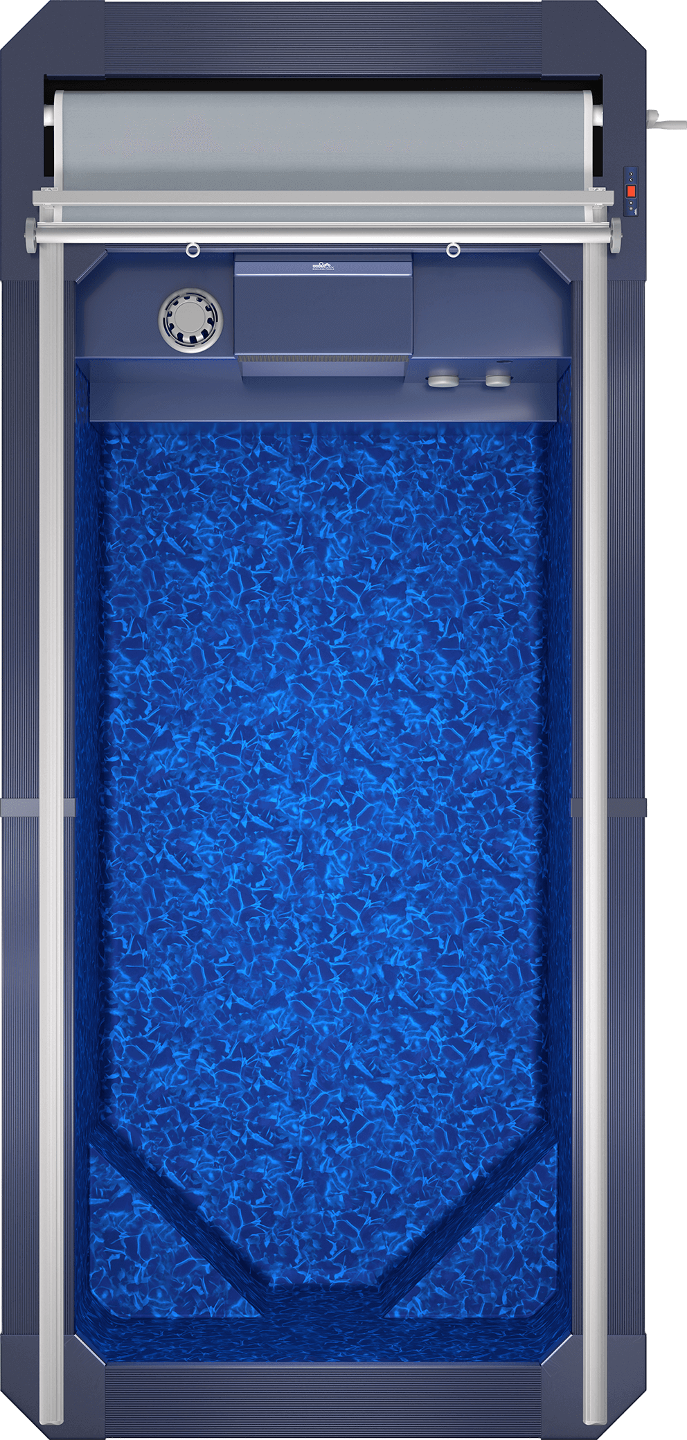 Overhead top view of the Endless Pools SP105 Modular Pool, showing a compact 5-foot by 11-foot rectangular swim area lined with a vivid, deep blue water-pattern liner. At the far end, the streamlined propulsion housing is positioned centrally against the wall, featuring a circular intake grille on the upper left, a wide rectangular current outlet in the middle, and two round control knobs placed horizontally on the right side of the unit. A silver track-mounted roller cover is situated at the top edge, with slim aluminium side rails running the full pool length. The interior floor slopes gently at both ends, with angled corners for efficient water circulation.