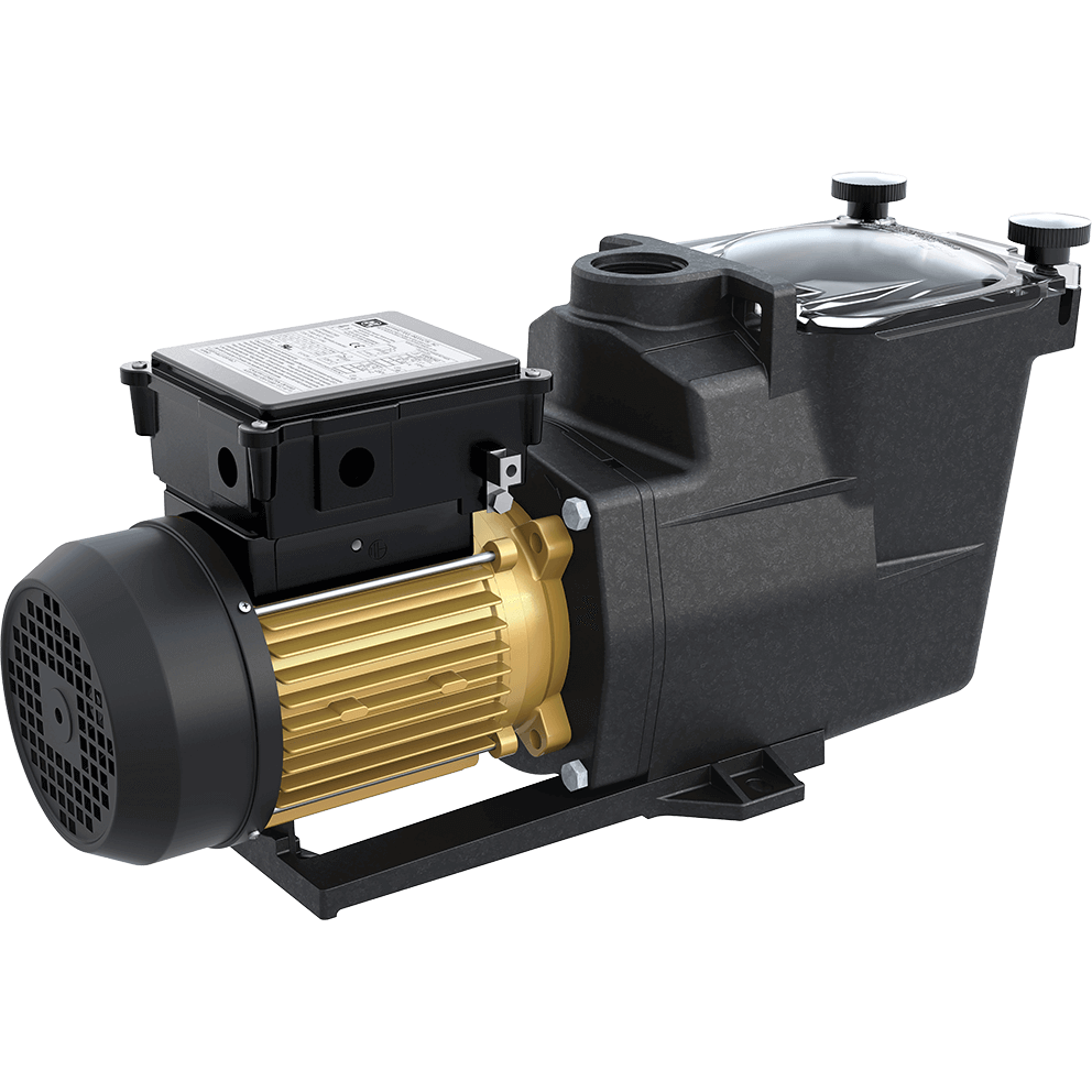 Angled front-left three-quarter view of the Hayward Super Pump 700 pool pump shown on a transparent background. The pump housing is moulded black composite with a rectangular strainer basket positioned at the front. The clear, slightly domed strainer lid sits on top of the basket and is secured by two large, round, black swing-away hand knobs positioned symmetrically at the left and right corners. The suction inlet opening is visible on the front face of the strainer housing, centred and circular, with internal basket ribs faintly visible through the opening. The discharge port rises vertically from the top of the housing, offset slightly toward the rear. Extending rearward, the TEFC motor is enclosed in a gold-coloured cylindrical motor body with evenly spaced horizontal cooling fins running lengthwise. At the very rear, a black fan shroud with a circular vent pattern covers the cooling fan. A black, top-mounted electrical wiring compartment sits above the motor, rectangular in shape with a flat lid and rounded edges. The entire unit is mounted on a flat black base with integrated feet visible beneath the strainer and motor sections.