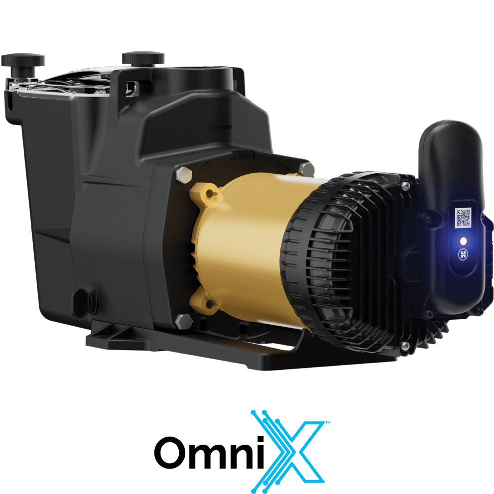 Angled motor end three quarter view of the Hayward Super Pump VS 615 Pool Pump with OmniX on a transparent background, with the gold motor cylinder extending toward the right into the black rear fan shroud and the upright OmniX module showing a QR code and bright blue glowing status light. The black pump housing sits to the left with the clear strainer lid visible at the top and two black round lid knobs. Beneath the pump, the OmniX wordmark appears, reading “OmniX” with a stylised bright cyan “X” formed by layered parallel line strokes and a small trademark symbol.