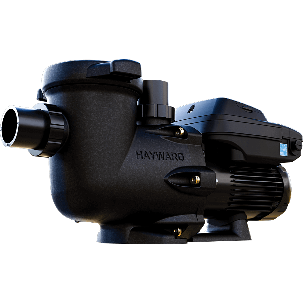 Angled product image of a Hayward TriStar VS 900 variable speed pool pump shown isolated on a transparent background, viewed from the front right at a three quarter angle. The pump features a black corrosion resistant housing with a tall cylindrical strainer basket positioned at the front right, topped with a clear circular locking lid with integrated grip tabs. A horizontal threaded intake union extends forward from the strainer housing, while a vertical discharge outlet rises upward from the top of the volute section behind it. The central housing displays the raised HAYWARD brand name moulded into the surface, with evenly spaced brass inserts and fasteners around the circular flange. Extending to the rear, the totally enclosed fan cooled motor runs horizontally with deep cooling fins along its side and a compact rear shroud. A rotatable digital control interface is mounted on top of the motor housing and angled upward. The pump is supported by a wide reinforced base with integrated mounting feet, highlighting a high efficiency variable speed design engineered for flexible installation and long term durability.