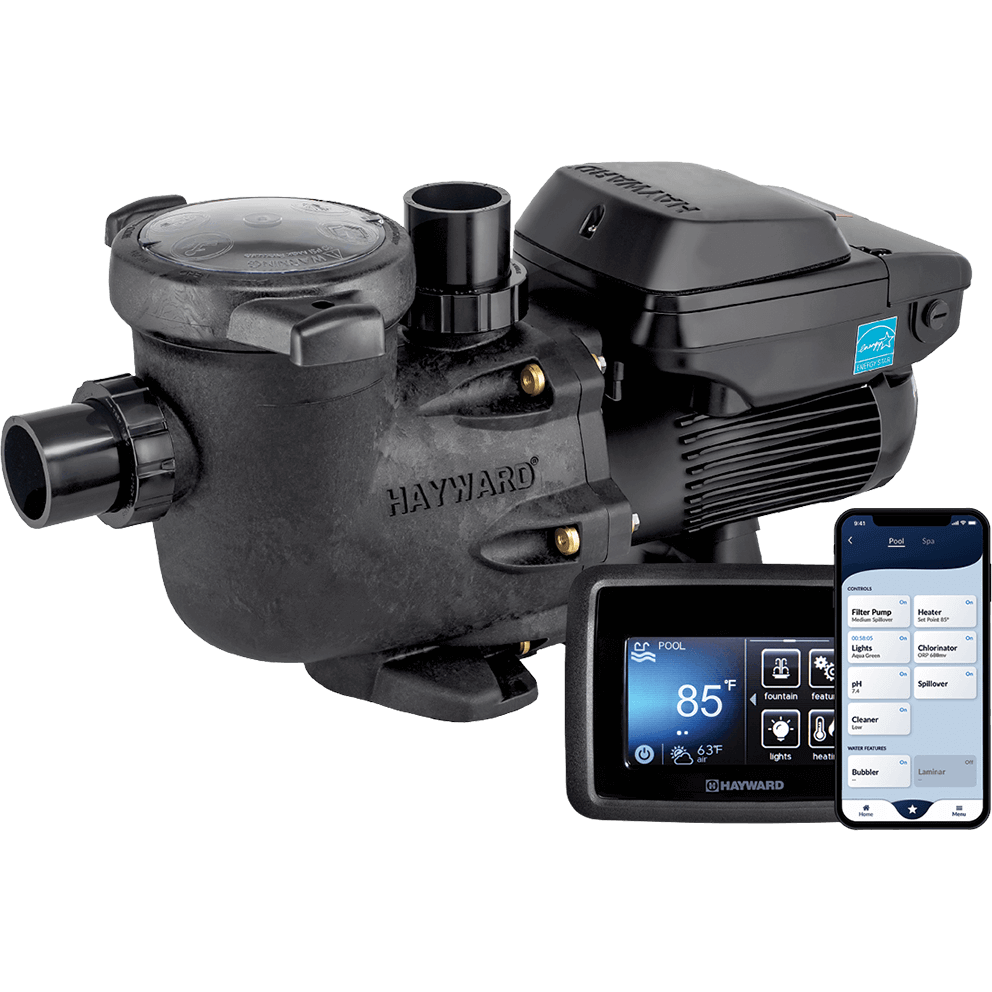 Angled product image of a Hayward TriStar VS 900 Omni variable speed pool pump shown isolated on a transparent background, viewed from the front right at a three quarter angle, accompanied by Omni automation control devices. The pump features a black corrosion resistant housing with a tall cylindrical strainer basket at the front, topped with a clear circular locking lid, a horizontal threaded intake union extending forward, and a vertical discharge outlet rising from the top of the volute secured with visible fasteners and brass inserts. The raised HAYWARD brand name is moulded into the central housing. Extending to the rear, the totally enclosed fan cooled motor runs horizontally with deep ventilation fins and a top mounted digital control module angled upward. To the right of the pump, a Hayward OmniLogic touchscreen controller is shown as a separate rectangular display unit with a colour interface showing pool status icons, temperature readouts, and system controls. To the left of the pump, a smartphone displays the Hayward OmniLogic automation app with segmented on screen controls for filter pump operation, heater, lights, chlorinator, water features, and scheduling. A Hayward AquaPod 2.0 handheld remote is also visible as a compact black remote with a screen and physical navigation buttons, indicating wireless system control and full Omni automation compatibility.