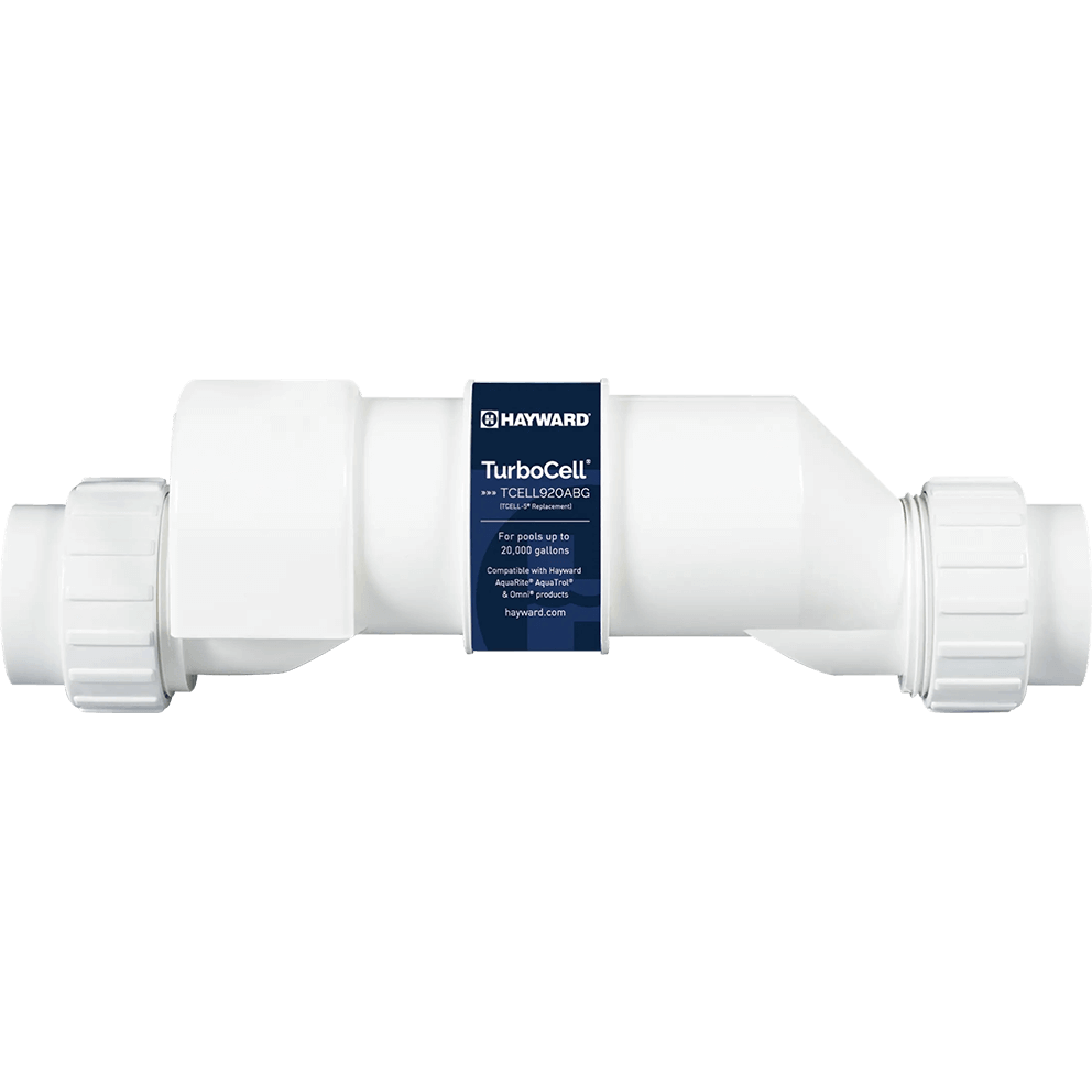 Straight horizontal profile view of the Hayward TurboCell 920 20k Gal Salt Cell displayed isolated on a transparent background, showing a fully enclosed white cylindrical salt chlorination cell extending from left to right with large ribbed union collars positioned at both ends for secure threaded plumbing connections. The smooth tapered housing narrows slightly toward the right side before meeting the right hand union fitting, while the left side shows a stepped cylindrical transition into the opposite threaded collar. Centred vertically on the body is a dark blue rectangular label band featuring the Hayward logo at the top and the text “TurboCell TCELL920ABG” beneath it, indicating suitability for pools up to 20,000 gallons and compatibility with Hayward AquaTrol salt systems. The opaque white construction contrasts with earlier clear models and reflects its above ground application design, while the transparent background cleanly isolates the entire silhouette including the ridged union grips and symmetrical cylindrical form for clear visual definition.