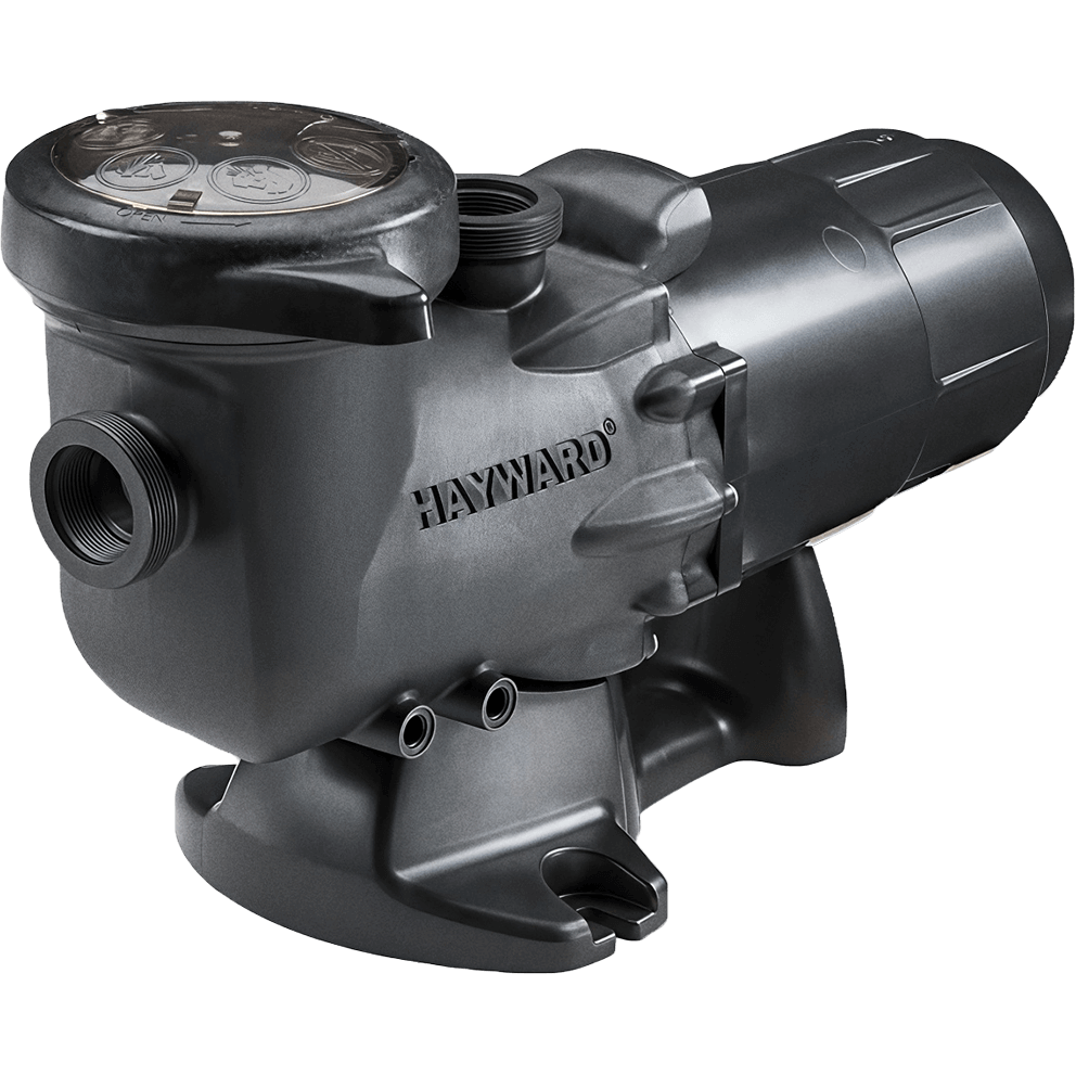Angled product image of a Hayward TurboFlo II above ground pool pump shown isolated on a transparent background, viewed from the front left at a three quarter angle. The pump features a smooth, rounded, non conductive and corrosion proof housing finished in black, with a compact yet robust profile. On the far left, a horizontally oriented threaded intake port extends outward from the lower portion of the strainer housing. Above it, a large integrated strainer basket chamber rises upward and forward, topped with a clear circular see through lid secured by an exclusive quad lock cover system that allows easy removal and clear visibility of debris inside the basket. A short vertically oriented threaded discharge port is positioned at the top centre of the housing, slightly behind the strainer lid. The main pump body displays the raised HAYWARD brand name moulded directly into the housing on the side facing the viewer. Extending to the right, the cylindrical motor housing is smoothly contoured and proportioned slightly longer than the pump body, indicating a heavy duty high performance motor designed for quieter operation. The motor and pump assembly are supported by a wide integrated base with curved mounting feet that provide stability and balance, completing a pool pump engineered for efficient circulation, large debris handling, simplified maintenance, and long term dependable service in above ground swimming pool systems.