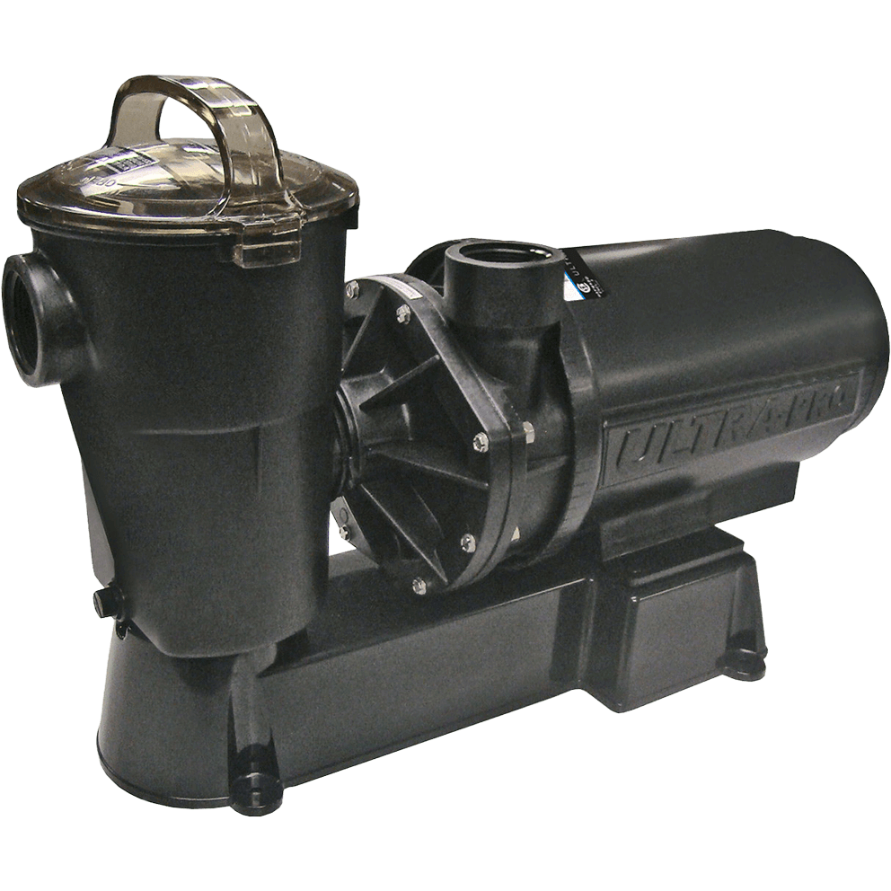 Angled product image of a Hayward UltraPro above ground pool pump shown isolated on a transparent background, viewed from the front left at a three quarter angle. The pump features a tall, compact, non conductive and corrosion proof black housing with a vertically oriented strainer basket positioned on the left side of the image. The strainer chamber is topped with a clear Lexan see through lid that allows visibility of the internal basket and is fitted with an integrated swing aside hand knob and raised carry handle for easy opening and transport. A horizontally oriented threaded intake port extends from the front of the strainer housing, while a short vertically oriented threaded discharge port rises upward from the pump body just behind the strainer chamber. The central pump housing transitions into a cylindrical motor assembly extending to the right, finished in matching black with subtle moulded contours along its length. The motor and pump assembly are mounted on a wide, rectangular base with integrated mounting feet that provide stability during operation. Overall, the image highlights a durable, service friendly pool pump designed for efficient circulation, corrosion resistance, simplified maintenance, and dependable long term performance in above ground swimming pool systems.
