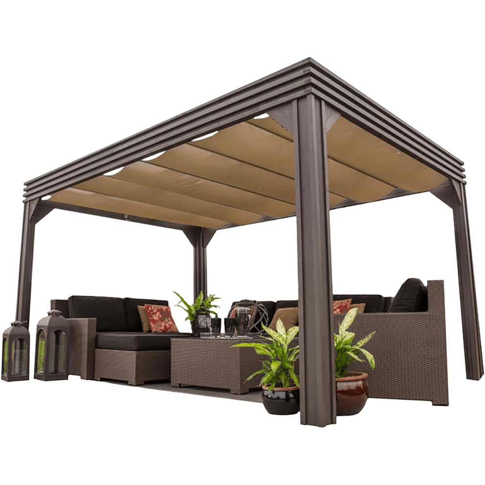 Wide front-angle view of the Valencia Wood Pergola with a retractable beige canopy stretched across its roof. The pergola is built from durable, dark-stained SPF wood with square corner posts and clean, modern lines. Beneath the pergola is a full wicker sectional sofa with black cushions and patterned accent pillows, arranged around a woven wicker coffee table topped with glassware and decor. Two tall lanterns with black frames stand on the left side, while potted green plants in round ceramic pots are placed in front and to the side. The background is transparent, focusing entirely on the pergola and its furnishings.