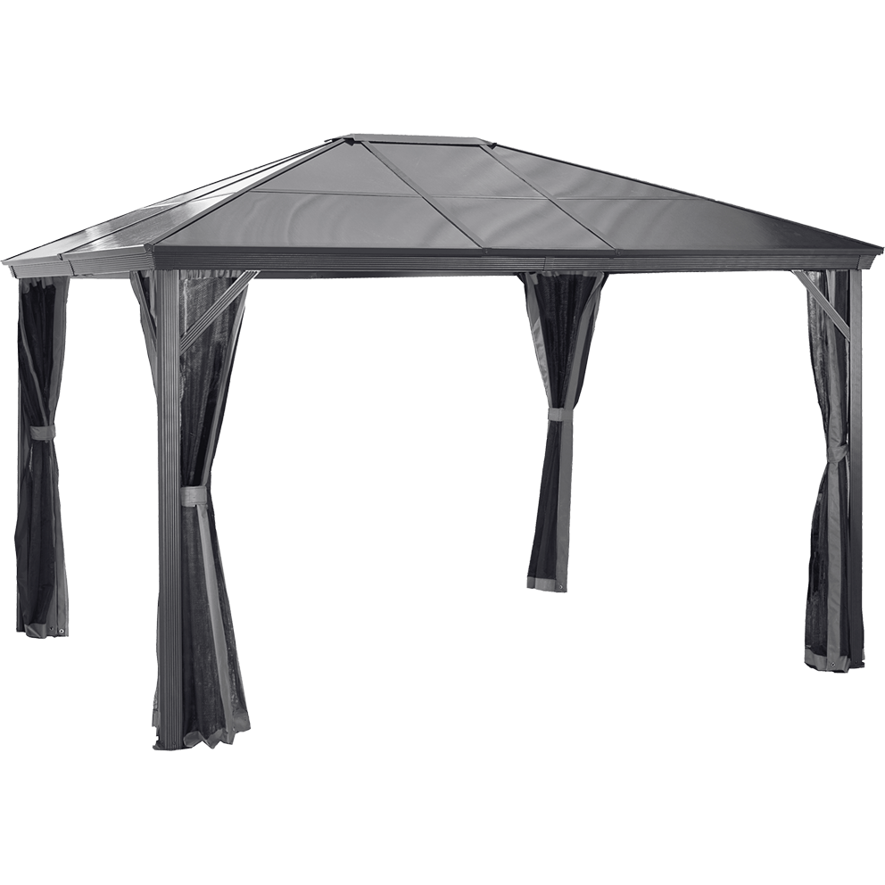 Front-facing isolated product view of the Verona Gazebo, measuring approximately 11 feet by 14 feet, constructed from dark grey powder-coated aluminium. The structure features four square vertical posts with ribbed detailing and a slightly pitched solid black metal roof. Each corner post has sheer black mosquito netting attached at the top and tied neatly at mid-height with fabric straps, creating clean symmetrical folds. The roof’s slope is visible, with subtle overhangs that extend beyond the supporting frame, emphasising its weather-resistant design.