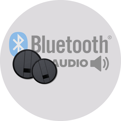 A circular grey icon showing a blue oval with a bind rune of Harald Bluetooth's initials, H and B, inside of it with the word "Bluetooth" right beside the oval, and the word "Audio" right below it with speaker grills on its left and a volume icon on it's right.