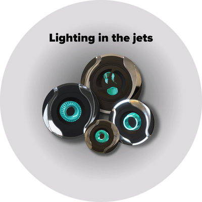 A circular grey icon with 4 illuminated spa jets right in the middle, and the words "Lighting in the jets" above it