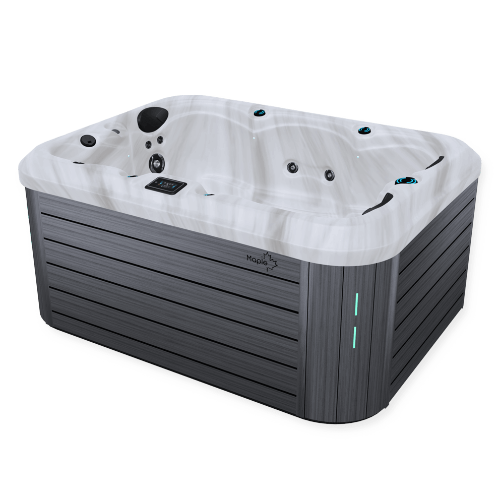 Angled view of a Maple Spas M320 Spa with a sterling marble-patterned interior and sleek grey horizontal paneling on the exterior. The hot tub features built-in hydrotherapy jets, a digital control panel on the rim, ergonomic seating, and subtle LED accent lighting on the corners and within the tub. The Maple Spas logo is visible on the side.