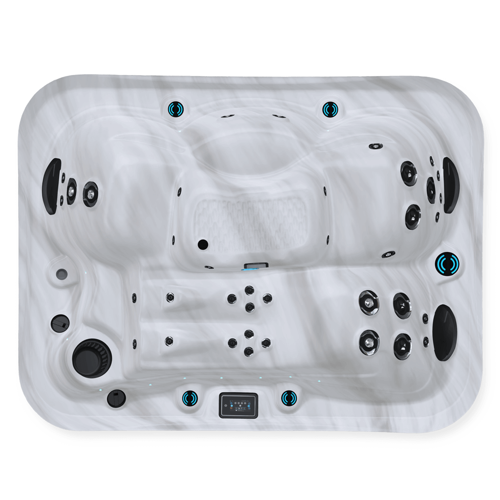 Top-down view of a sterling marble-pattern Maple Spas M320 Spa with multiple seating areas and various hydrotherapy jets. The hot tub features three primary seating zones, a control panel at the bottom center, strategically placed jet clusters, and black speaker-like elements indicating integrated audio or ventilation components.