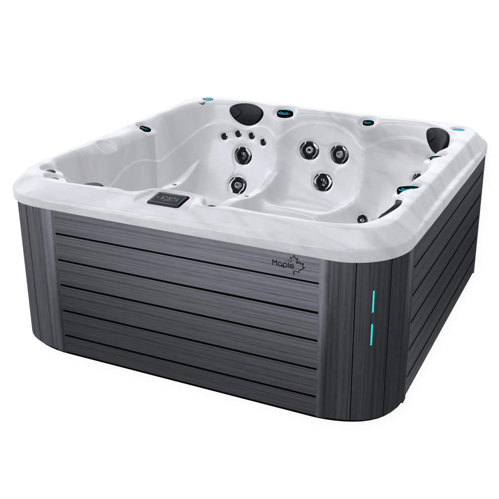 Angled view of a contemporary hot tub featuring a sterling marble-patterned acrylic interior and grey horizontal exterior paneling. The tub includes multiple ergonomic seating positions with various hydrotherapy jets, padded headrests, a digital control panel on the rim, and subtle integrated LED lighting. The Maple Spas logo is visible on the side panel.