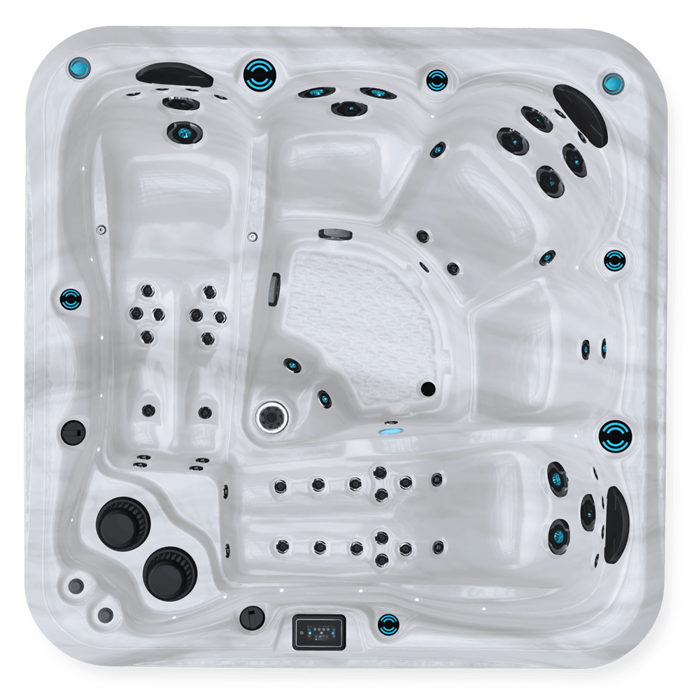 Top-down view of a large, sterling marble-patterned hot tub featuring a multi-seat layout with a variety of hydrotherapy jets positioned across all seating zones. The tub includes a textured central footwell, a digital control panel, strategically placed water and air jets, and integrated LED lighting and speaker elements for an enhanced spa experience.