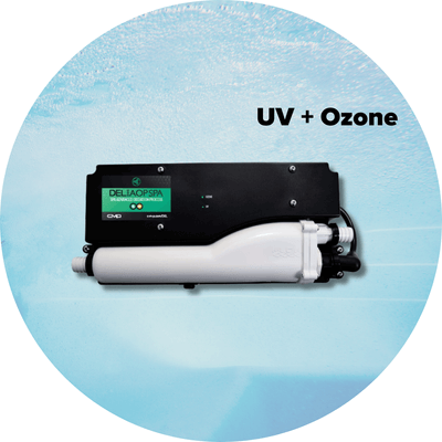 A circular icon with a light blue background resembling being underwater. In the middle of the icon is an Ozone Sanitation System, and right above it are the words "UV Plus Ozone"