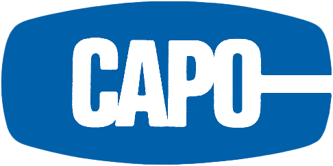 Logo for CAPO Industries, a specialty pool and spa chemical manufacturing company. The word 'CAPO' appears in bold black uppercase letters centered inside a blue capsule-shaped background. A horizontal line extends from the letter 'O' to the right edge, forming a bigger letter 'C'.