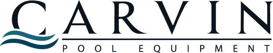Logo for Carvin Pool Equipment. The word 'CARVIN' appears in large, elegant black serif capital letters. Beneath it, a thin horizontal line separates the smaller uppercase text 'POOL EQUIPMENT'. On the left side, three flowing teal wave lines evoke the motion of water.