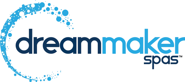 Logo for DreamMaker Spas. The word 'dream' is in dark blue lowercase letters, followed by 'maker' in a lighter blue. Below 'maker' is the word 'spas' in small, dark blue text. A large, sweeping arc made of various sized blue bubbles forms a crescent around the left side of the logo, suggesting water and relaxation.
